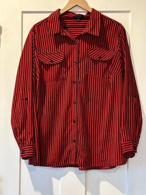 Notations Woman Plus Size Red Black Striped Blouse Office Work Button Down 2X